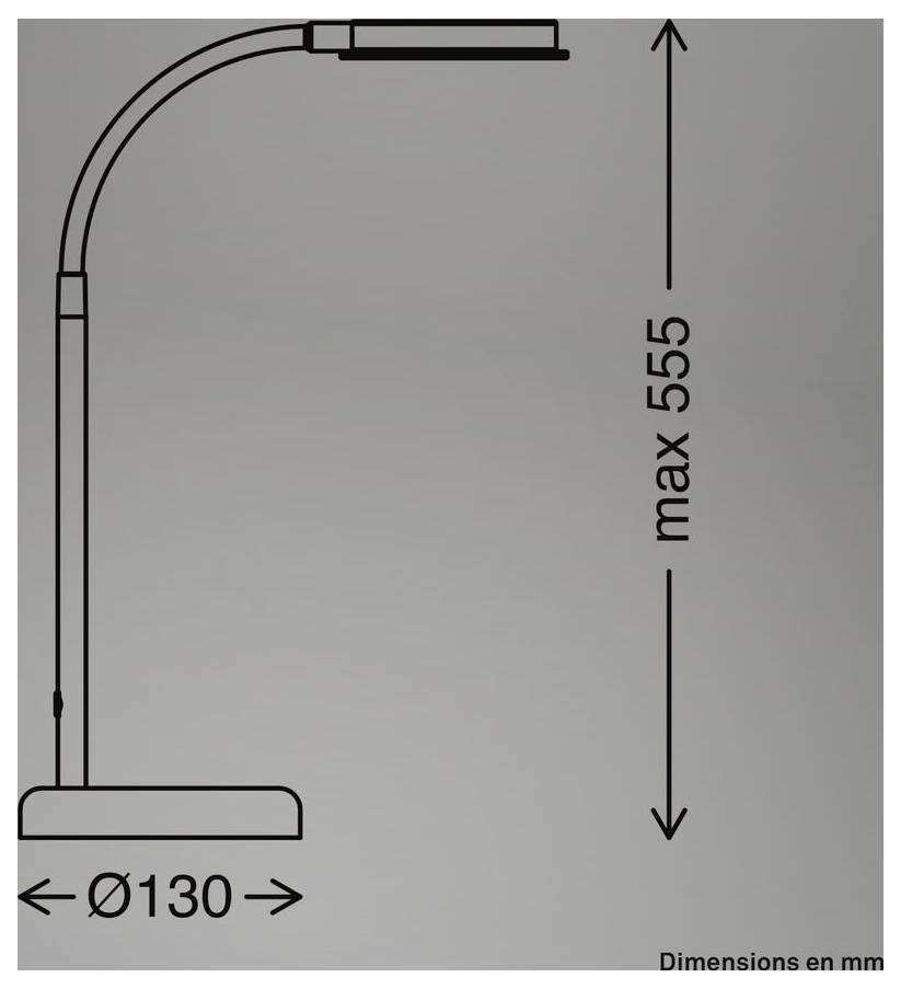 Technische Maßzeichnung einer gebogenen Stehleuchte mit einer maximalen Höhe von 555 mm und einem Basisdurchmesser von Ø130 mm, mit Maßangaben in Millimetern.