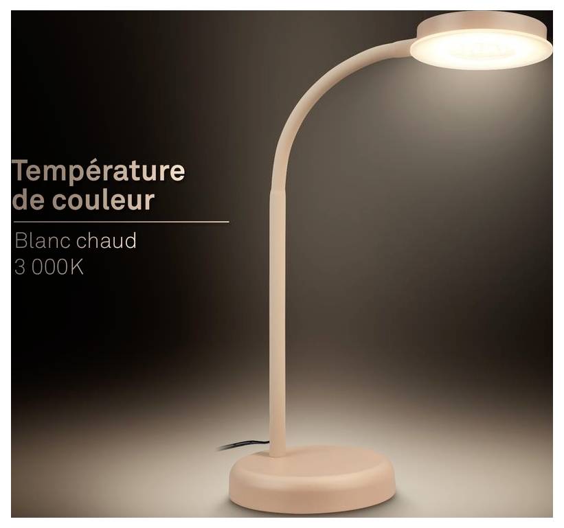 Produktbild einer rosa Schreibtischlampe mit warmweißem Licht; Text liest „Farbtemperatur