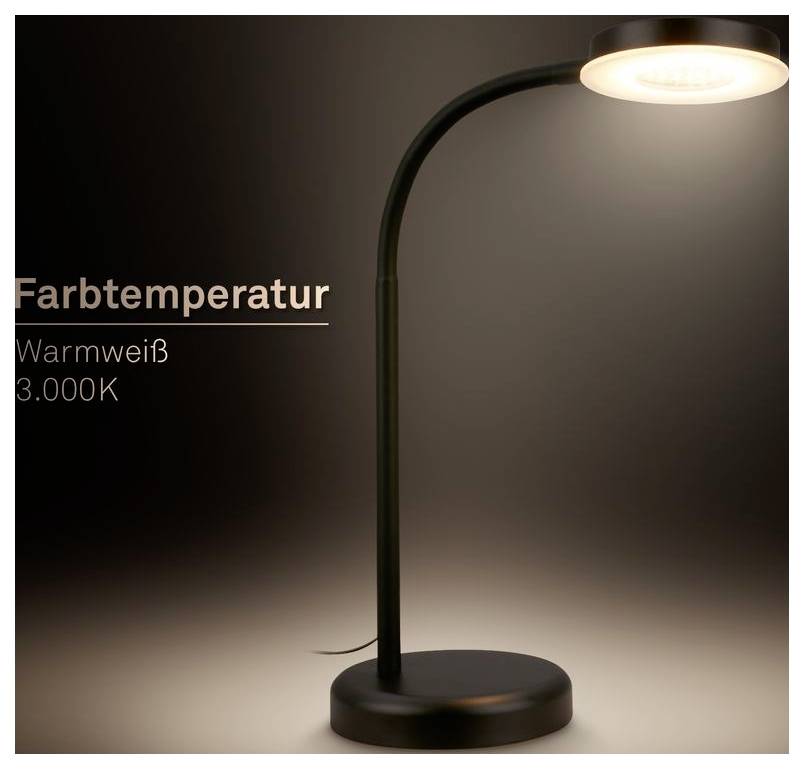Schwarze Schreibtischlampe mit warmweißem Licht; Text lautet „Farbtemperatur