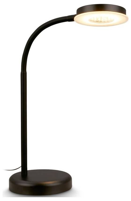 Schwarze gebogene Schreibtischlampe mit rundem Sockel und warmem Glühlicht auf weißem Hintergrund.