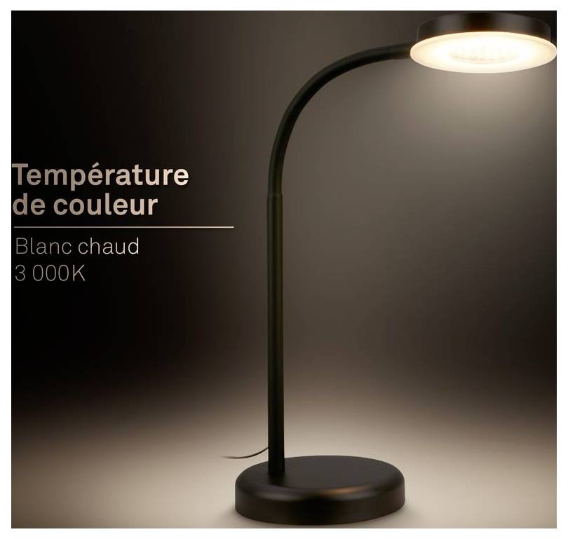 Schwarze Tischlampe mit warmweißem Licht. Der Text lautet „Farbtemperatur