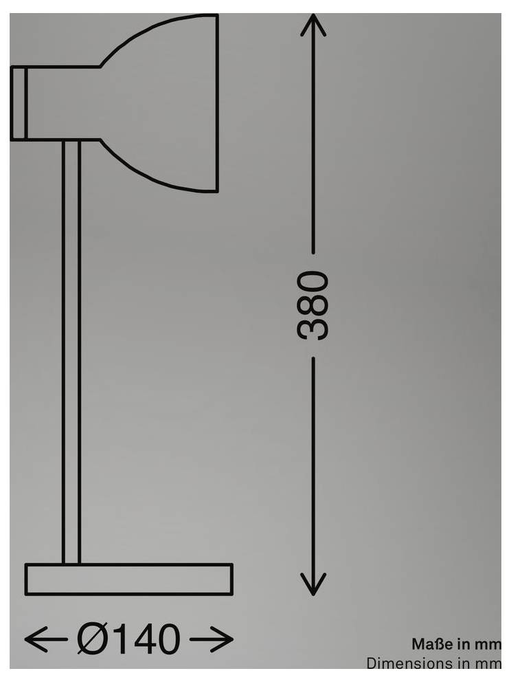 Technisches Lampendiagramm mit Abmessungen: Höhe 380 mm und Basisdurchmesser Ø140 mm.