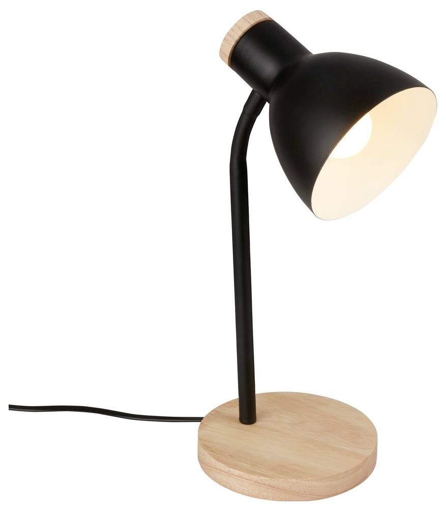 Schwarze Schreibtischlampe mit konischem Schirm, Holzakzenten und rundem Holzsockel, gezeigt auf weißem Hintergrund mit sichtbarem Stromkabel.