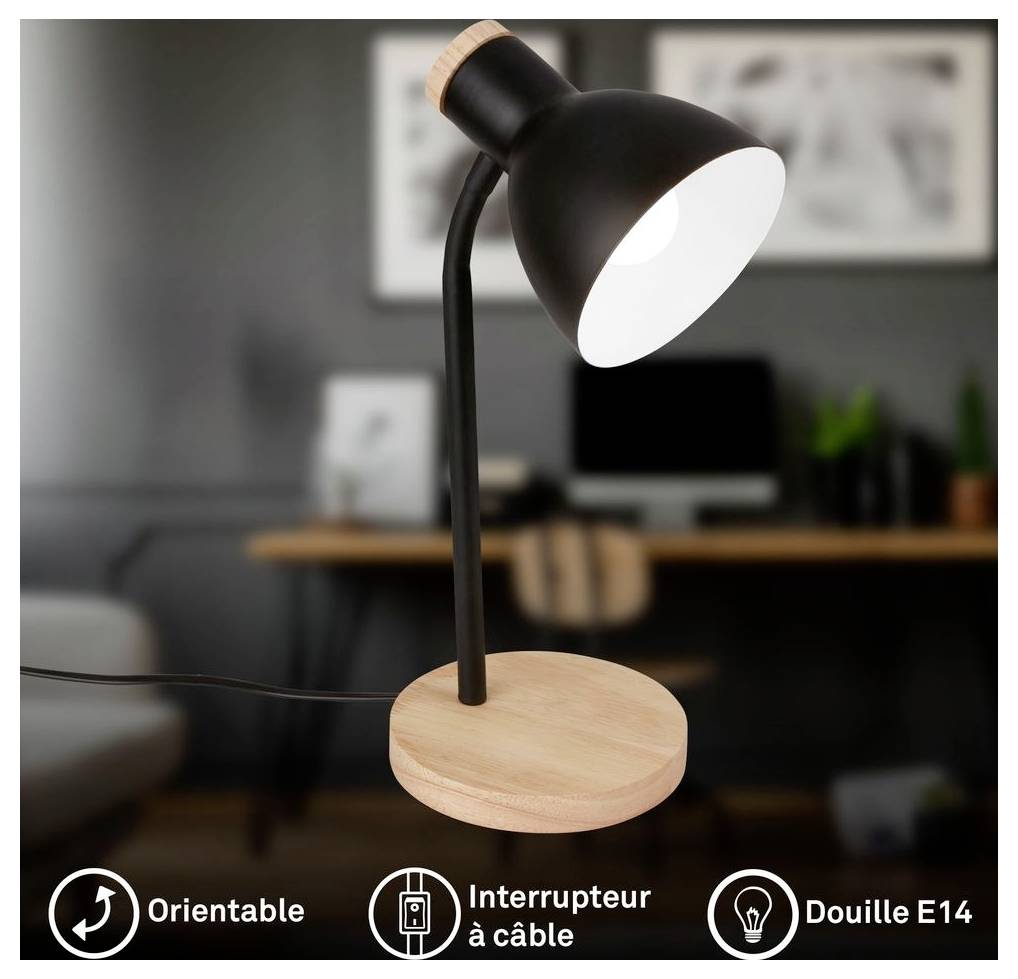 Schwarze verstellbare Schreibtischleuchte mit Holzfuß und E14-Fassung, gezeigt in einem Homeoffice; Symbole kennzeichnen sie als schwenkbar und mit Schalter am Kabel betrieben.