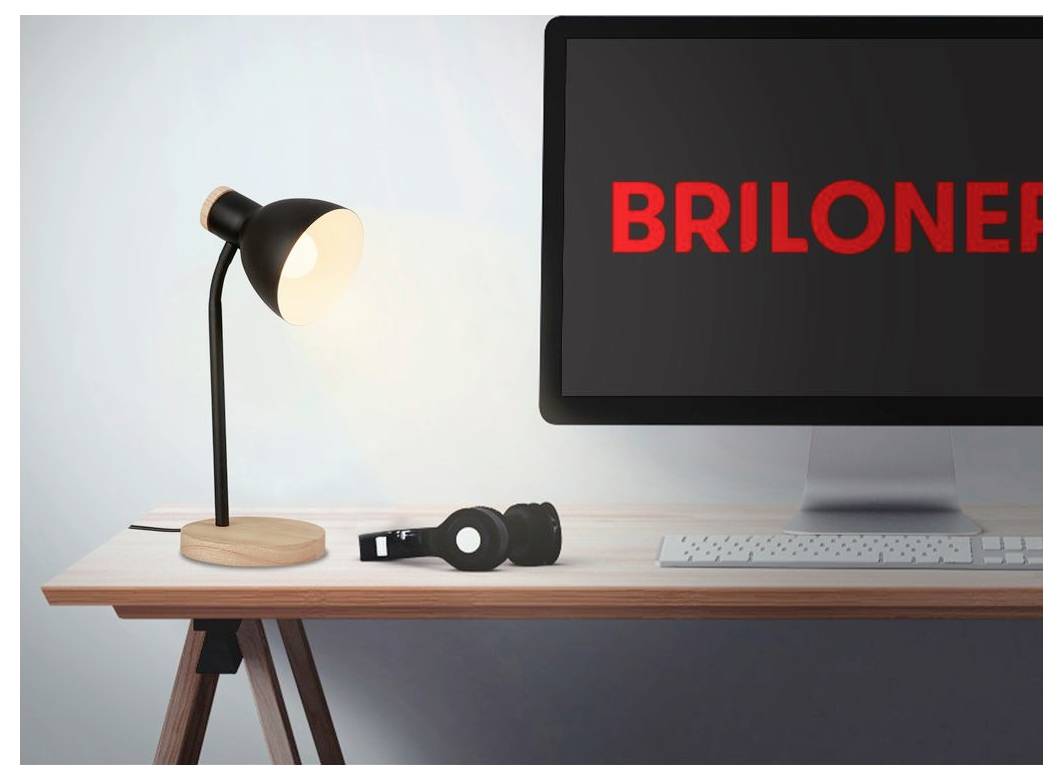 Ein Schreibtisch mit einer leuchtenden Lampe, Kopfhörern, einer Tastatur und einem Monitor, auf dem das rote Wort „BRILONER