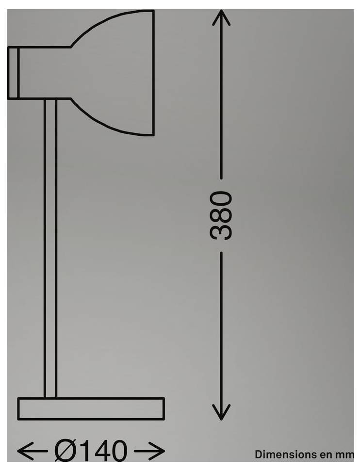 Technische Zeichnung einer Leuchte mit einer Gesamthöhe von 380 mm und einem Basisdurchmesser von 140 mm; die Abmessungen sind in Millimetern angegeben.