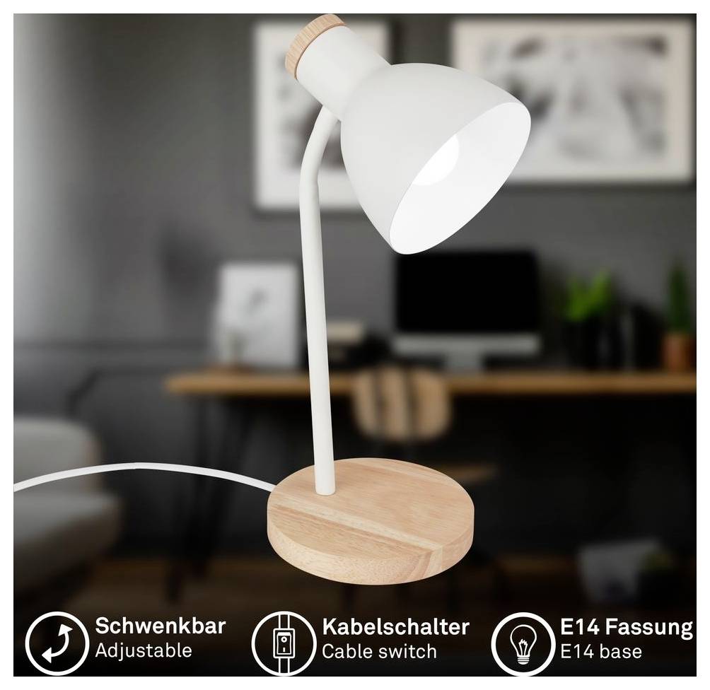 Weiße verstellbare Schreibtischlampe mit Holzsockel in einem Homeoffice gezeigt, beschriftet in Deutsch und Englisch: 'Schwenkbar', 'Kabelschalter', 'E14 Fassung'.