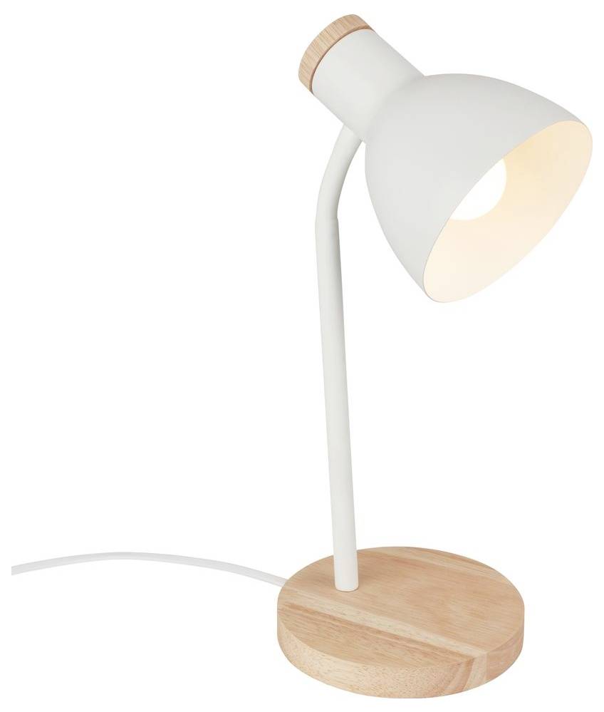 Weiße Schreibtischlampe mit Holzsockel und Schirm, beleuchtet vor einfachem Hintergrund.