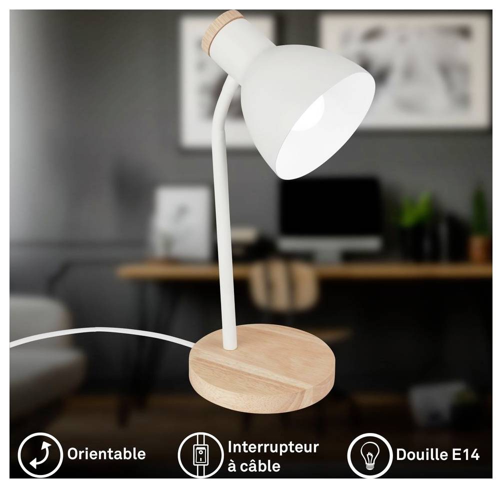 Weiße verstellbare Schreibtischlampe mit Holzsockel, beschriftet mit „Orientable