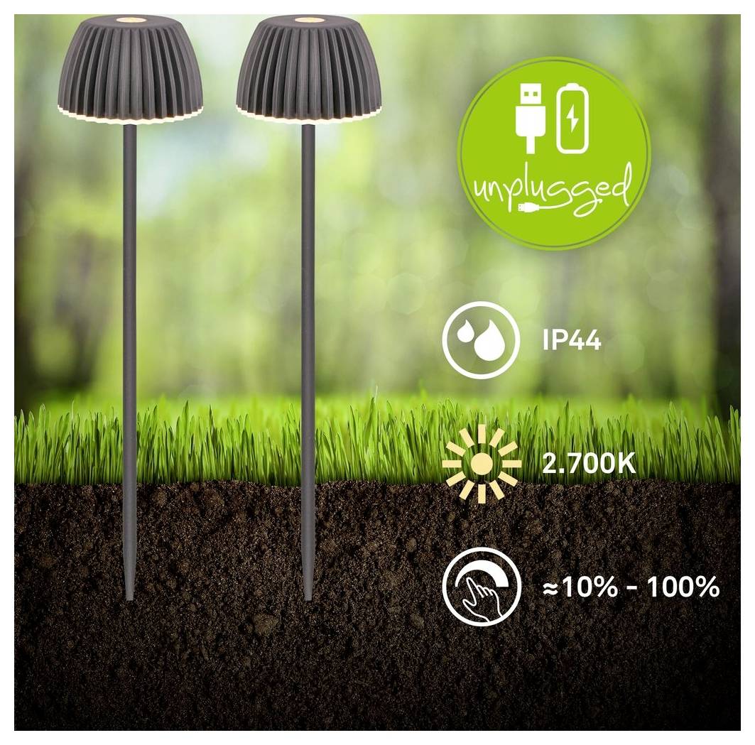 Zwei schwarze Gartenspieße-Leuchten auf Rasen mit Symbolen für „Nicht angeschlossen