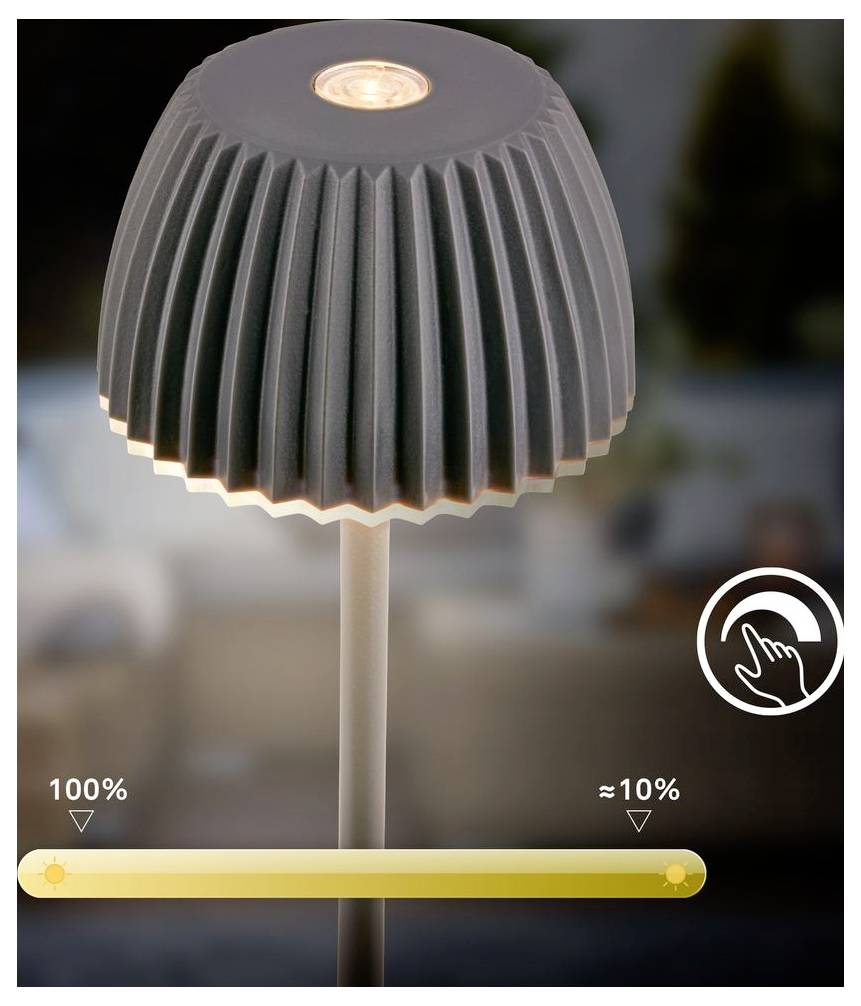 Eine Lampe mit einem Helligkeitsregler-Schieberegler am unteren Rand, der 100% auf der linken Seite und etwa 10% auf der rechten Seite anzeigt, sowie ein Touch-Gesten-Symbol.
