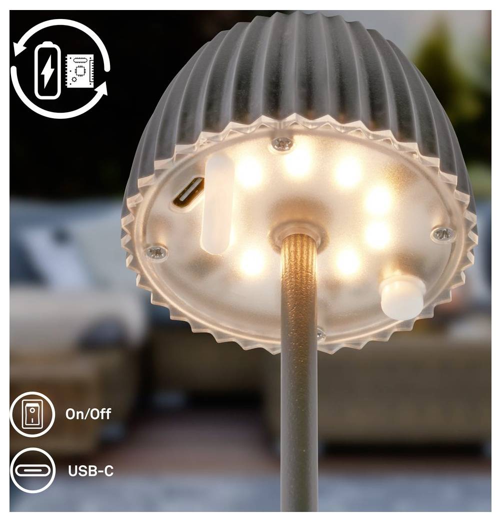 Tragbare LED-Tischlampe mit warmem Licht, Schaltfläche zum Ein-/Ausschalten, USB-C-Ladeanschluss und Symbol für wiederaufladbaren Akku.
