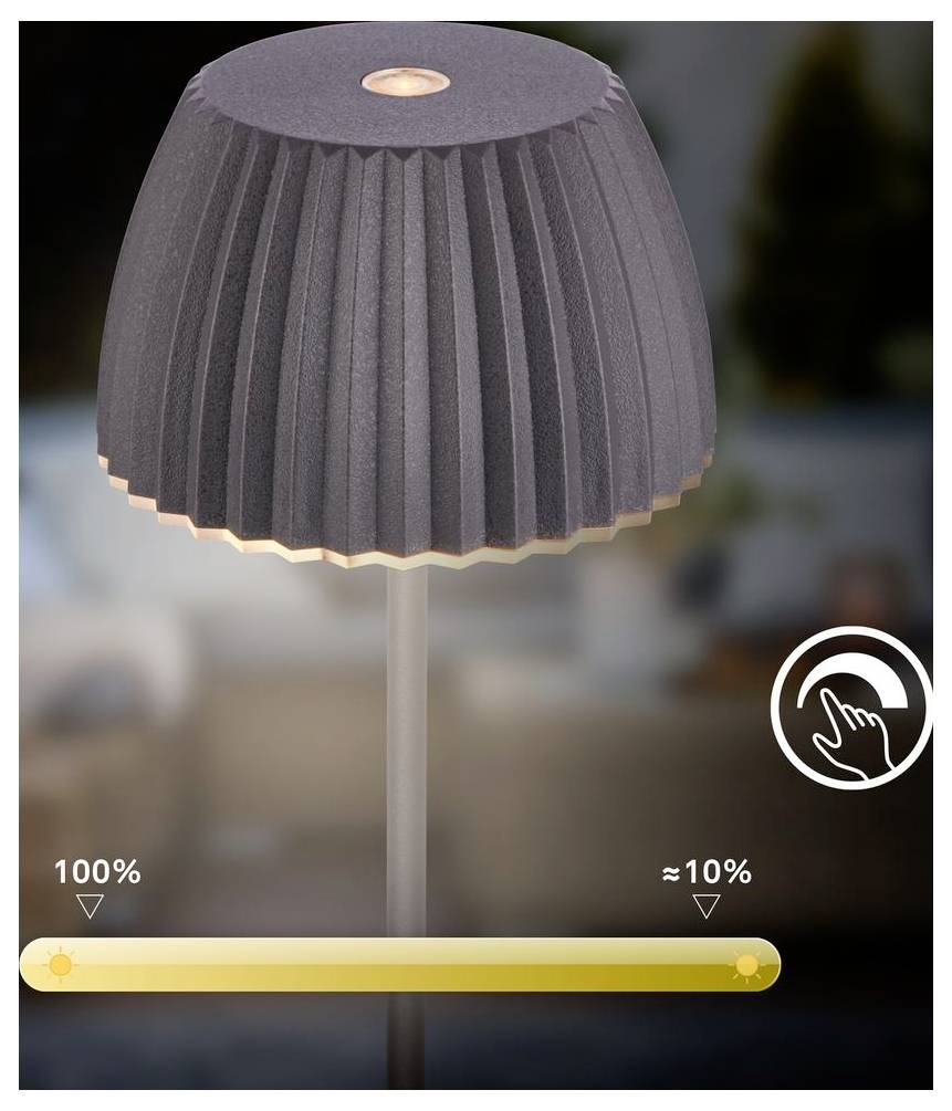 Tischlampe mit gefaltetem grauem Schirm und Touch-Control-Symbol; der Helligkeitsregler zeigt 100% bis etwa 10% an und deutet auf eine Dimmfunktion hin.