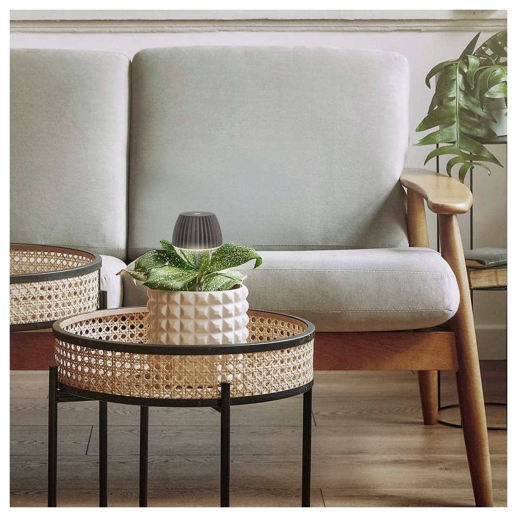 Modernes Wohnzimmer mit hellgrauem Sofa, gewebtem Couchtisch mit Topfpflanze und Holzakzentuhl auf Hartholzboden.