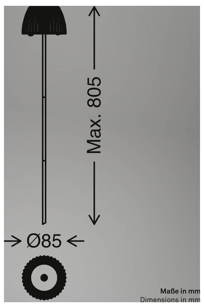 Diagramm einer Stehleuchte mit Abmessungen: maximale Höhe 805 mm und Basisdurchmesser 85 mm; Maße in Millimetern.