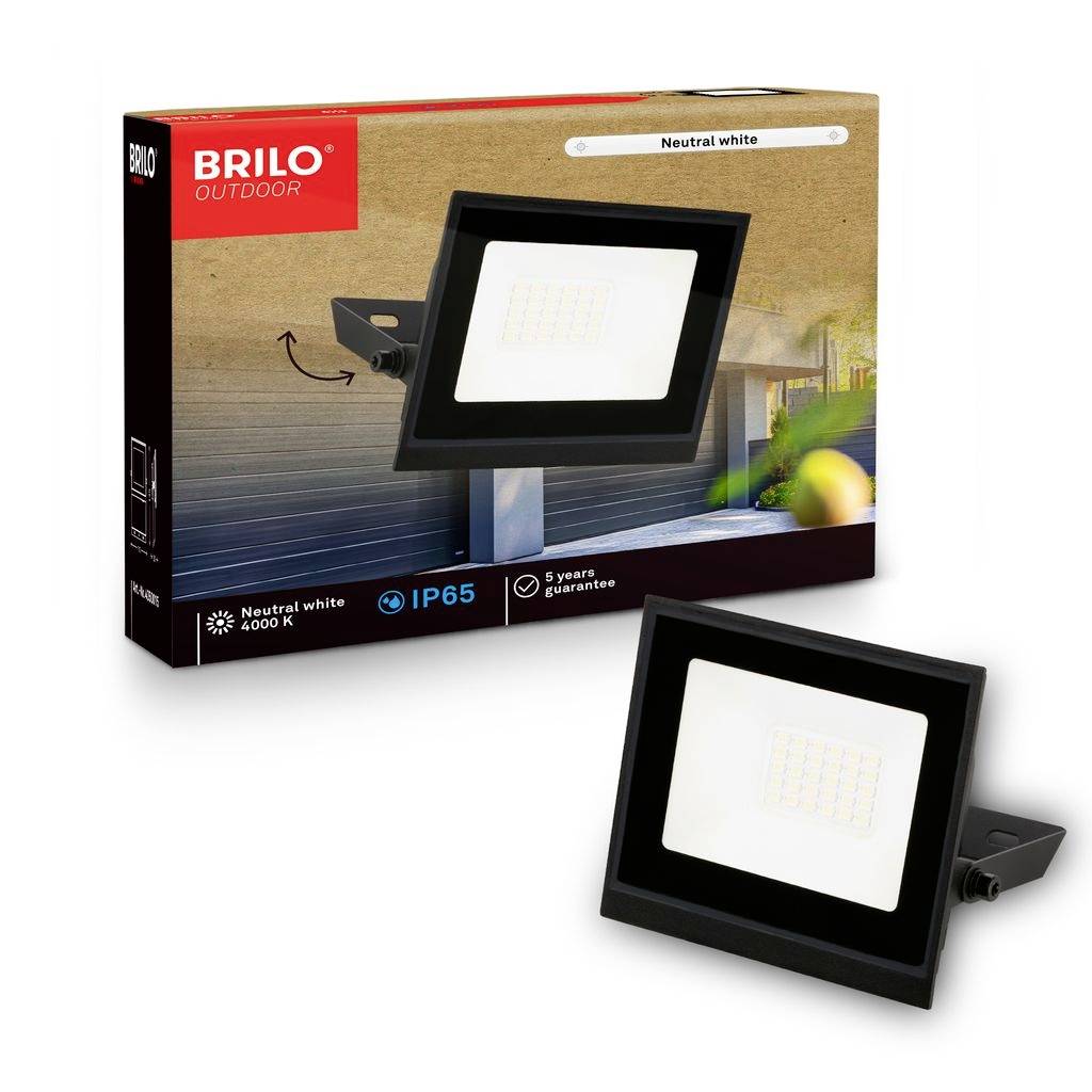 Schwarzer BRILO Outdoor LED-Strahler mit Verpackung abgebildet, gekennzeichnet mit neutralweiß 4000 K, IP65 und 5 Jahre Garantie.