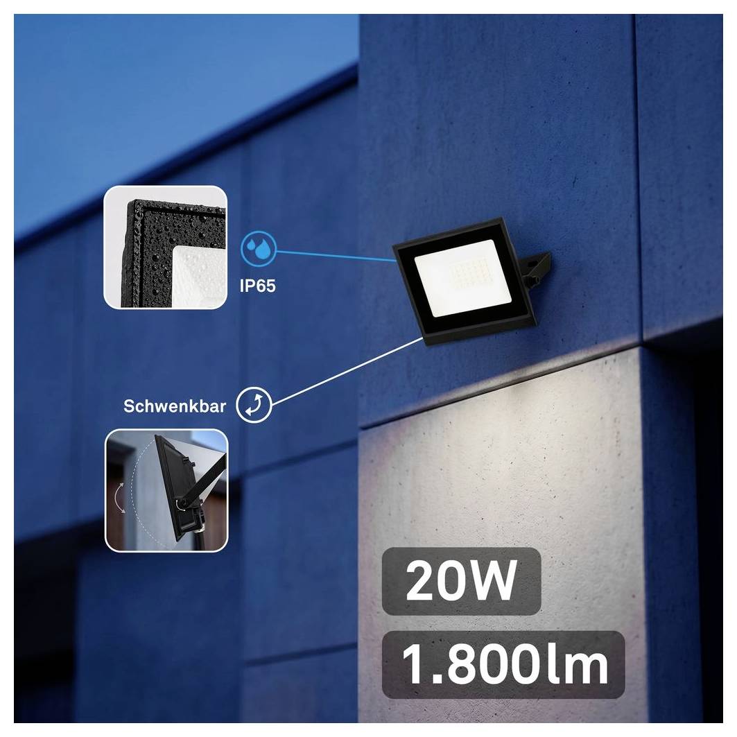 Outdoor-LED-Flutlicht an einer blauen Gebäudewand angebracht, mit den Bezeichnungen IP65 und Schwenkbar, wobei „20W