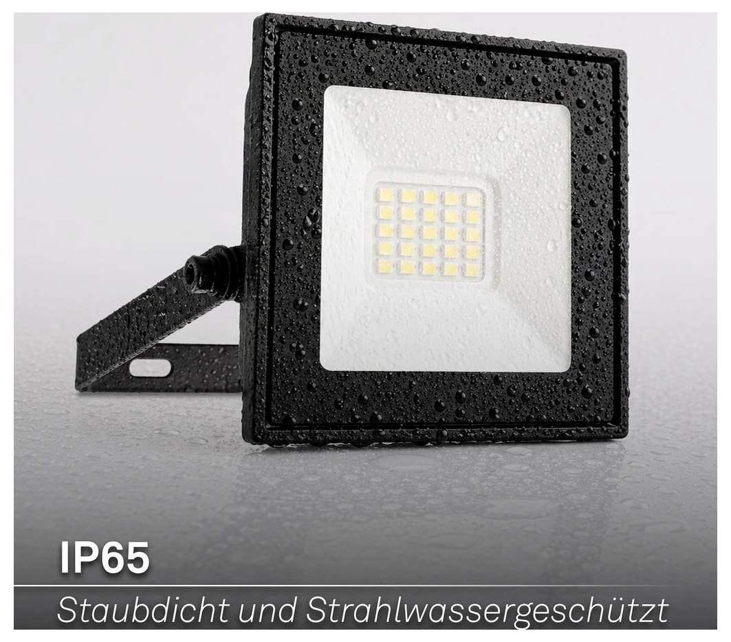 Schwarzer LED-Flutlichtstrahler mit IP65-Schutzart, gekennzeichnet mit „Staubdicht und Strahlwassergeschützt