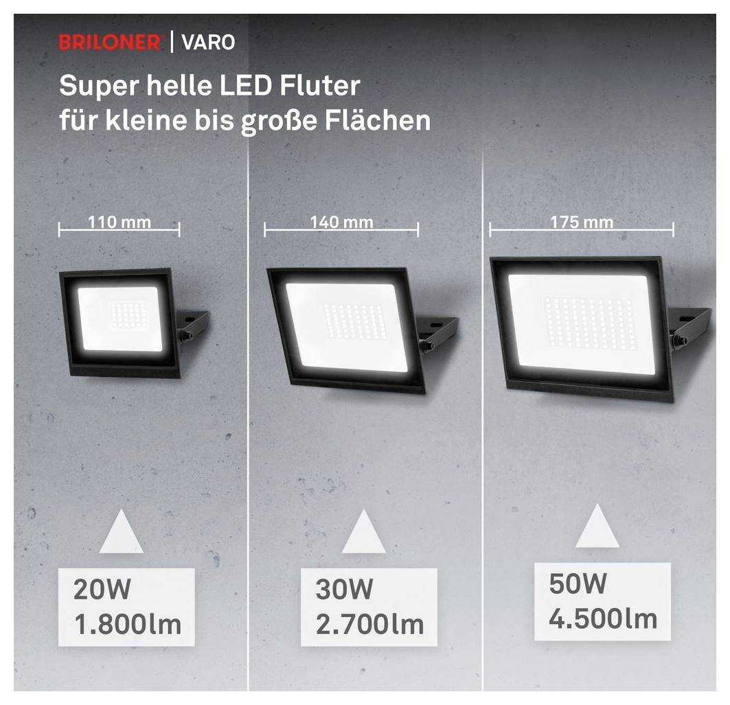 Produktgrafik für BRILONER VARO extrahelle LED-Strahler in den Größen 110 mm, 140 mm und 175 mm, zeigt 20W 1800 lm, 30W 2700 lm und 50W 4500 lm Modelle.