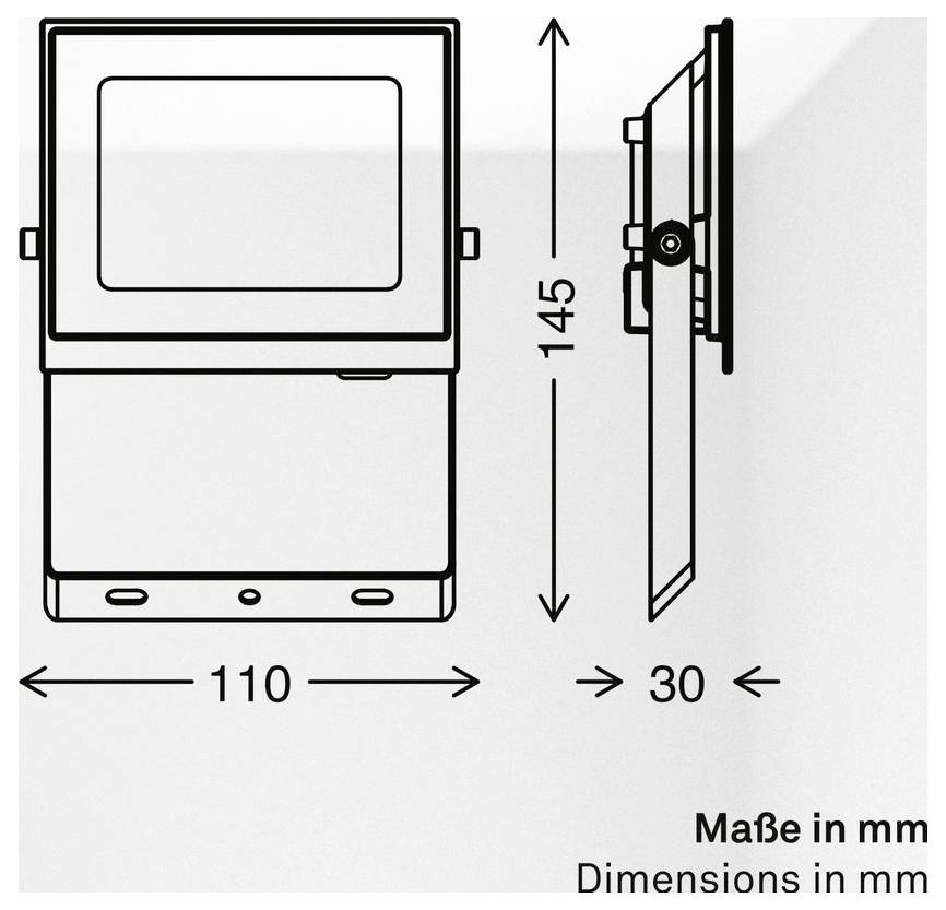 Technische Zeichnung eines wandmontierten Geräts mit Vorder- und Seitenansicht mit Abmessungen von 110 mm Breite, 145 mm Höhe und 30 mm Tiefe.