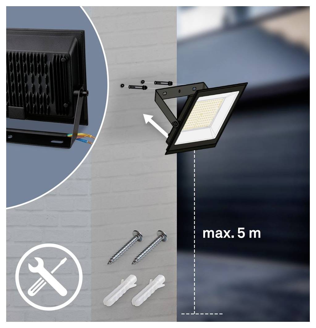 Illustration einer wandmontierten verstellbaren LED-Flutlichtern mit mitgelieferten Schrauben und Wanddübeln, die Installationswerkzeuge und eine maximale Montagehöhe von 5 m zeigt.