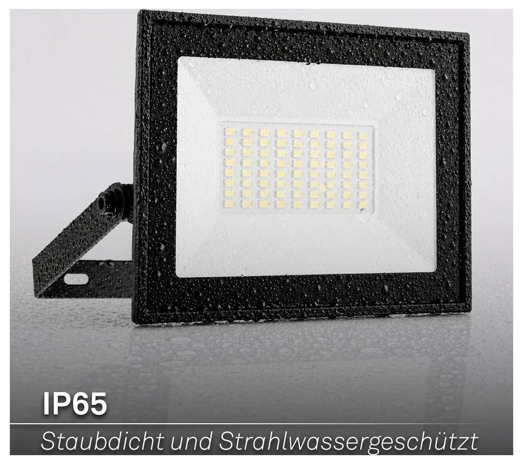 Schwarze IP65 Außen-LED-Flutlicht mit wasserdichtem, staubdichtem Gehäuse und verstellbarer Halterung, gekennzeichnet mit „Staubdicht und Strahlwassergeschützt