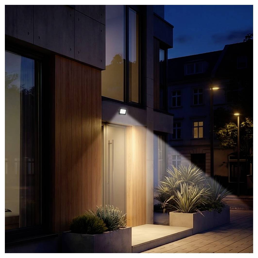 Moderner Apartmenteingang in der Nacht, warm beleuchtete Eingangstür mit Glas- und Holzfassade, Blumenkübel neben der Treppenstufe auf einer ruhigen Straße.