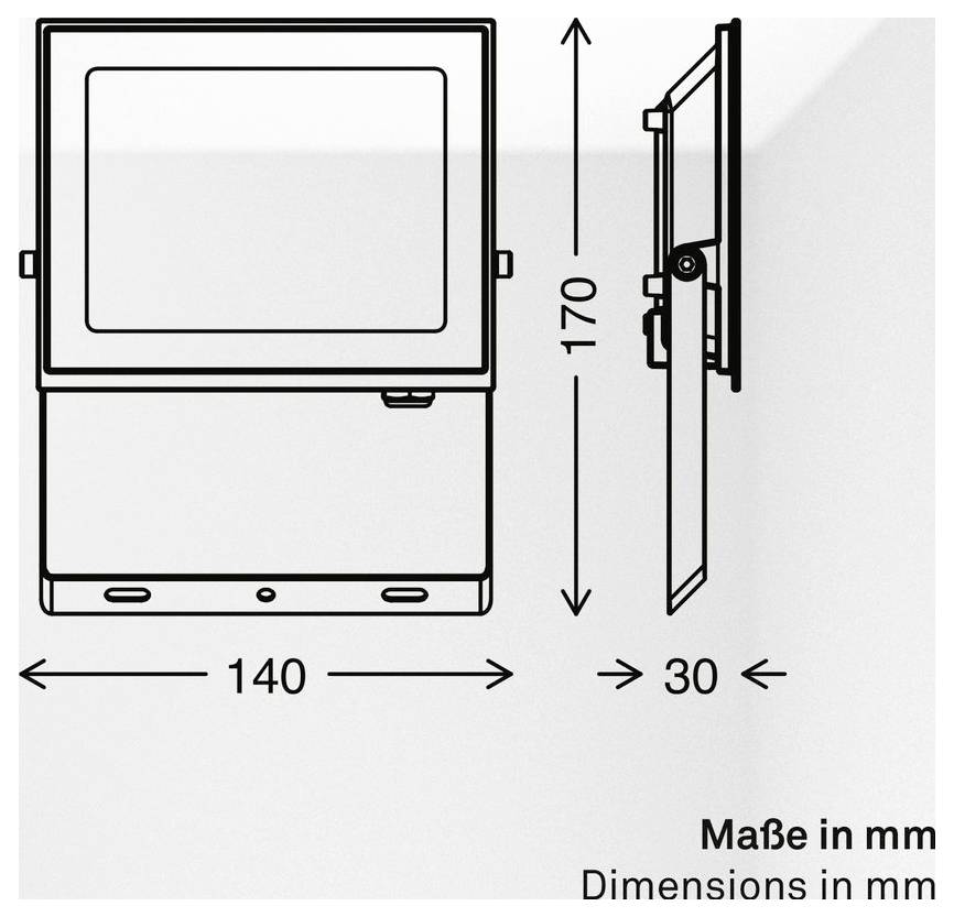 Technische Zeichnung eines wandmontierten Bildschirms oder Displays mit Abmessungen in mm: 140 breit, 170 hoch, 30 tief.