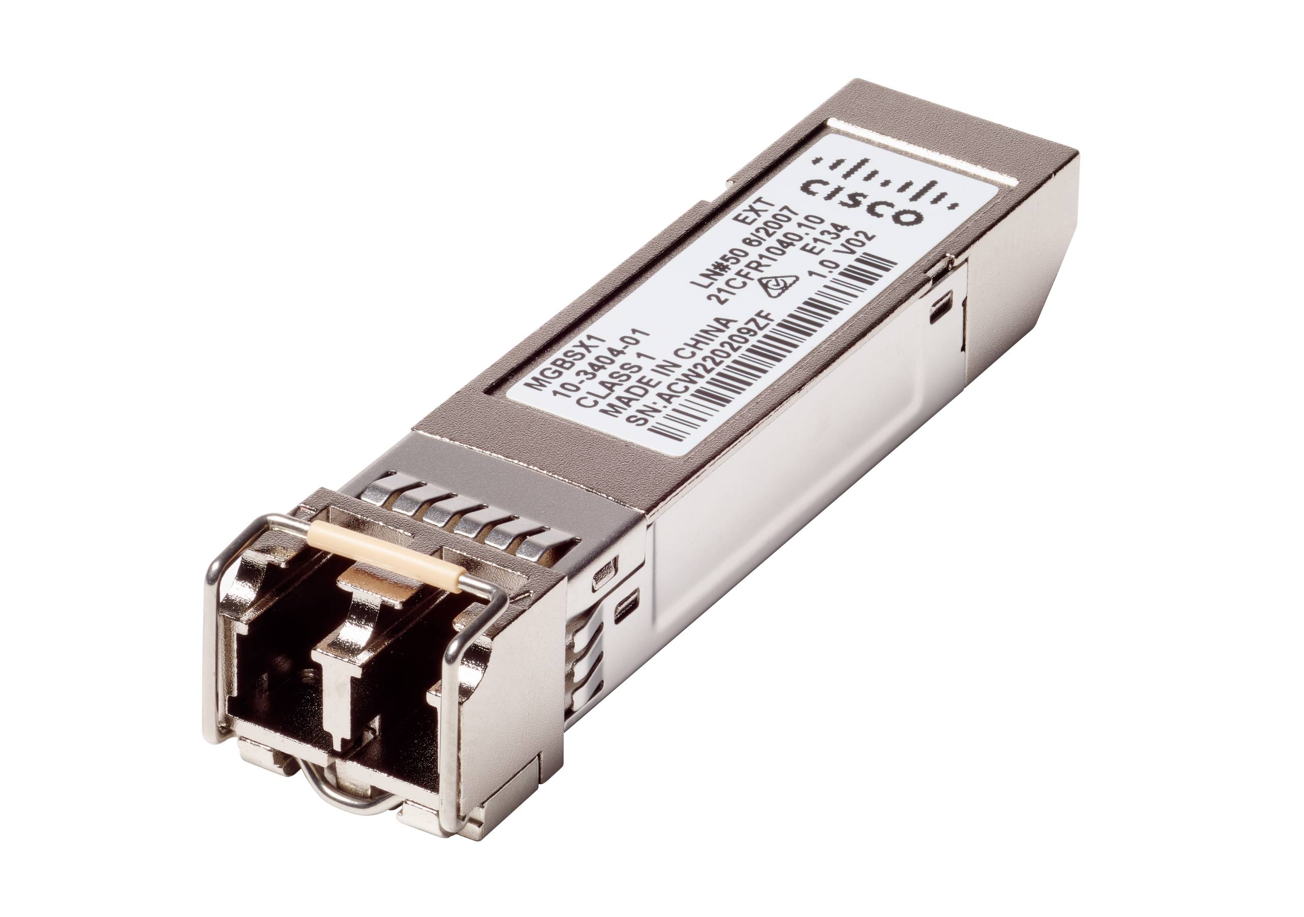 Cisco SFP-Transceiver-Modul mit RJ45-Anschluss, dargestellt auf weißem Hintergrund.