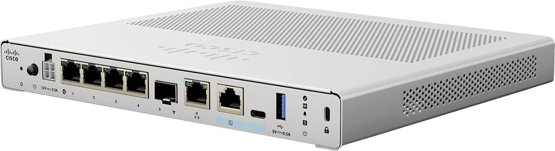 Cisco Netzwerk-Switch-Gerät in Vorder- und schrägaufsicht dargestellt, mit mehreren Ethernet-Anschlüssen, USB-Anschlüssen und Statusanzeigen auf weißem Hintergrund