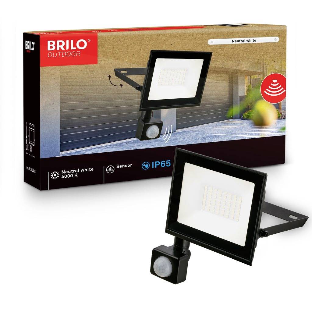 BRILO Outdoor LED-Strahler mit Bewegungsmelder, neutralweiß 4000K, IP65; auf der Produktverpackung und am Leuchtmittel selbst dargestellt.