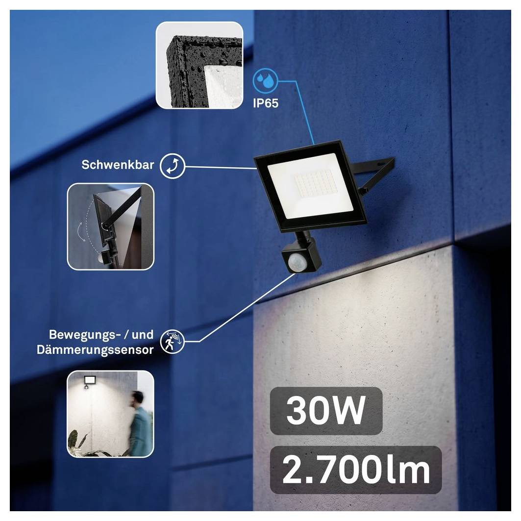 Produktbild einer verstellbaren 30W LED-Flutlichtleuchte mit Bewegungs- und Dämmerungssensor, IP65-Schutzart und 2700 lm Lichtstrom.