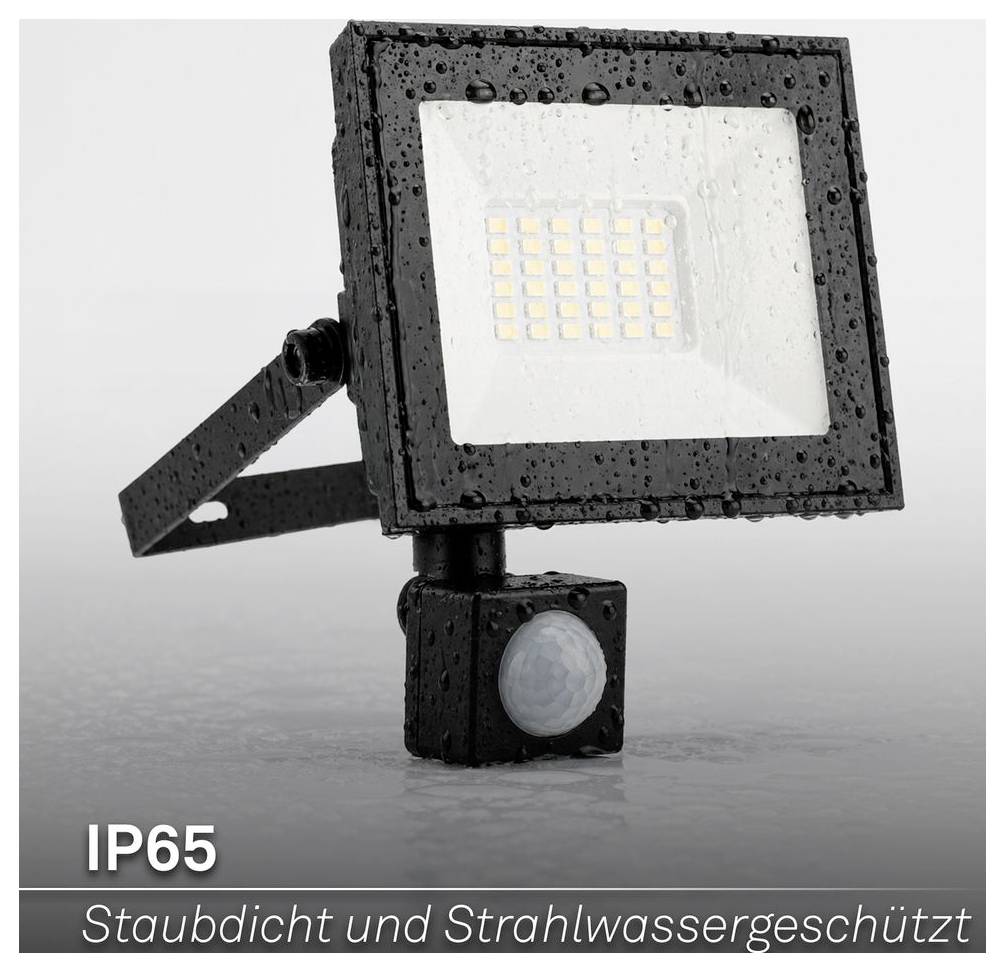 Wasserdichte IP65-LED-Flutlichtleuchte mit Bewegungsmelder, nass von Spritzwasser gezeigt; Text sagt „IP65