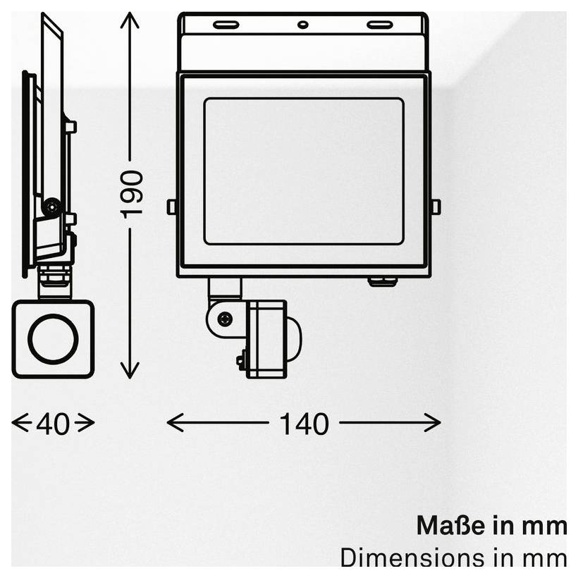 Dimensionsdiagramm eines wandmontierten Geräts mit Seiten- und Frontansicht und Abmessungen von 190 mm Höhe, 140 mm Breite und 40 mm Tiefe.
