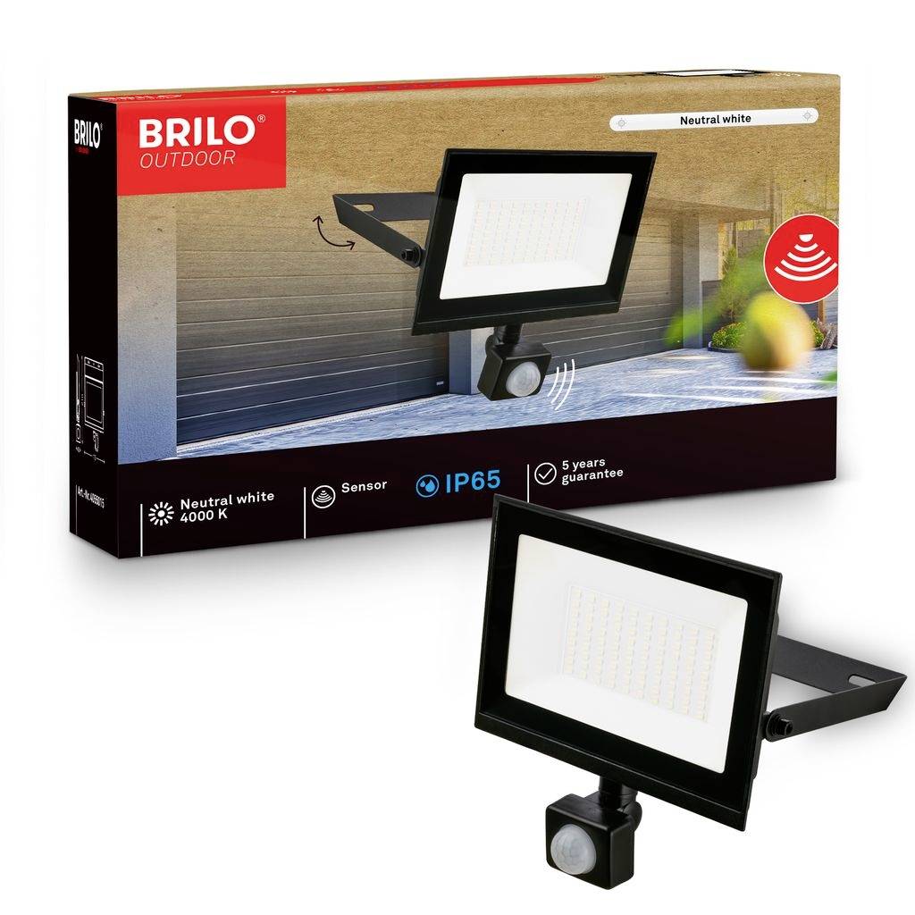 Brilo Outdoor Bewegungsmelder-LED-Flutlicht, Neutralweiß 4000K, IP65, 5 Jahre Garantie, abgebildet auf der Produktbox und daneben.