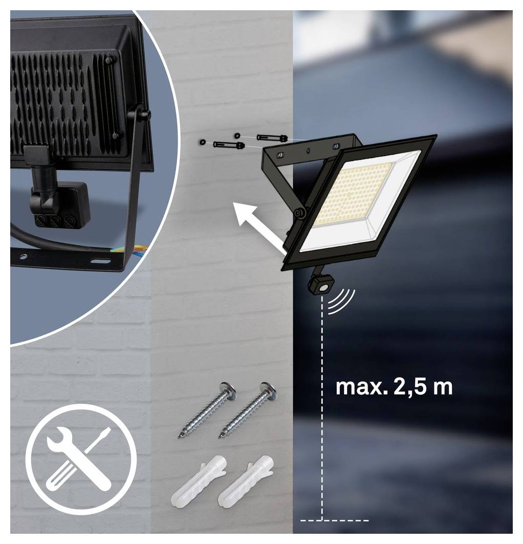 Anleitungsbild zeigt eine wandmontierte LED-Flutlicht mit Bewegungsmelder, Montageschrauben und Dübel, verstellbar bis zu einer maximalen Höhe von 2,5 m.