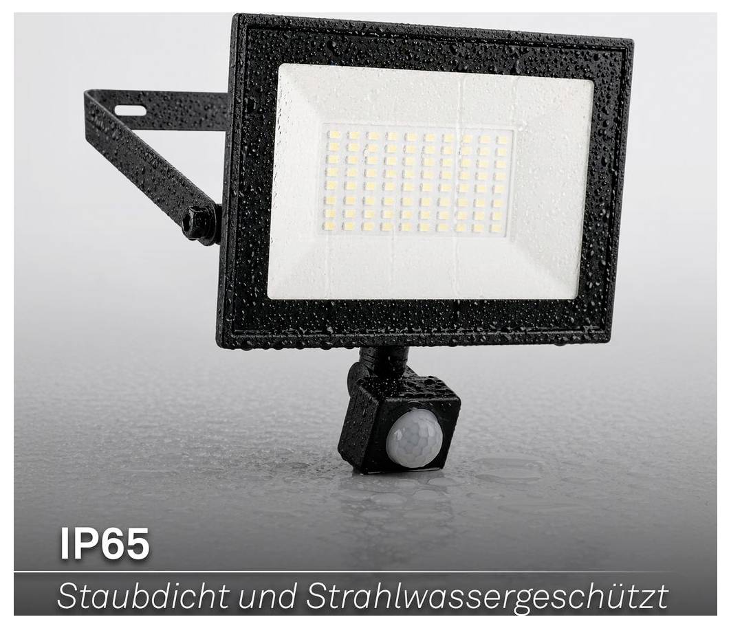 Schwarzer IP65 LED-Strahler mit Bewegungsmelder, auf grauem Hintergrund dargestellt; Text sagt „IP65