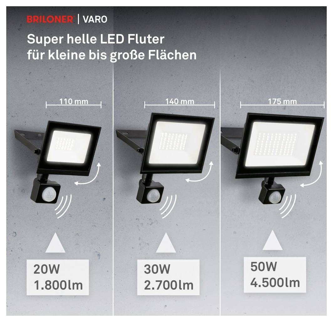 Briloner Varo LED-Strahler in drei Größen, 110, 140 und 175 mm, mit 20W/1800 lm, 30W/2700 lm und 50W/4500 lm.