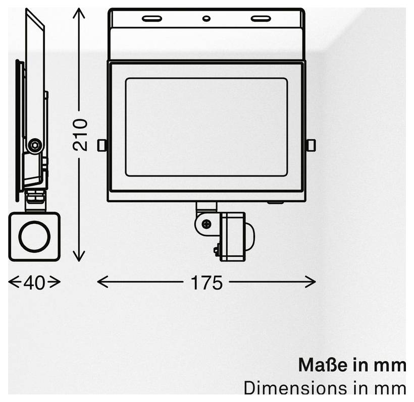 Technische Zeichnung eines wandmontierten Geräts mit Seiten- und Frontansicht mit Abmessungen von 210 mm Höhe, 175 mm Breite und 40 mm Tiefe; beschriftet mit „Abmessungen in mm