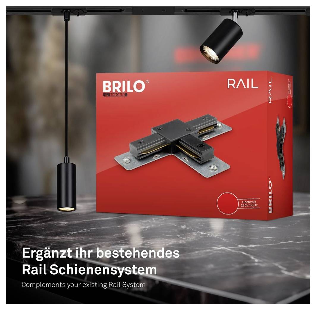 BRILO Rail-Schienenleucht-Erweiterungsbox auf einer roten Verpackung, gezeigt mit schwarzen Deckenstrahlern; Text sagt „Ergänzt ihr bestehendes Rail Schienensystem