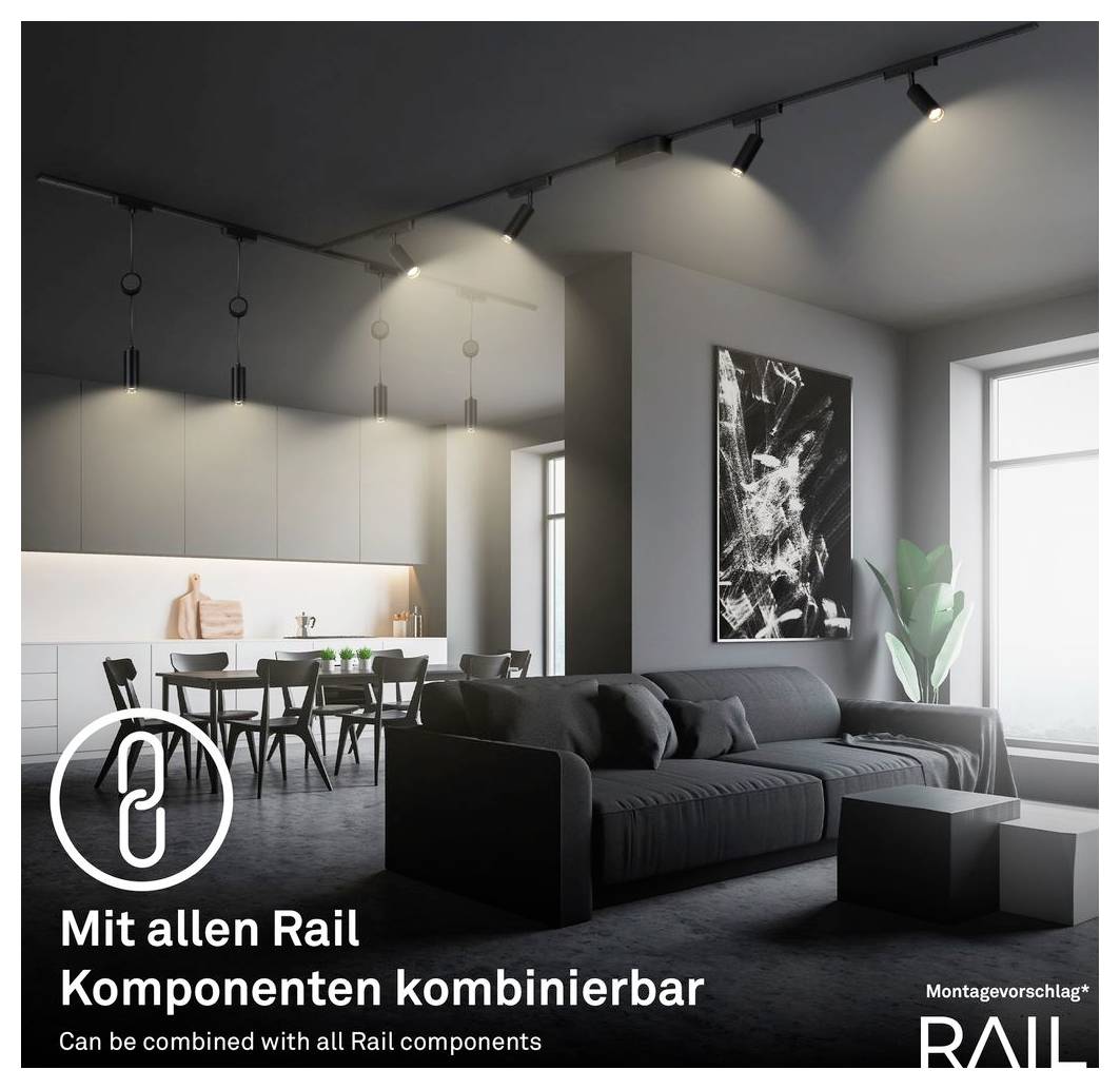 Modernes Wohnzimmer mit schwarzem Sofa und Essbereich, zeigt ein modulares Schienenlichtensystem; Text sagt „Mit allen Rail Komponenten kombinierbar