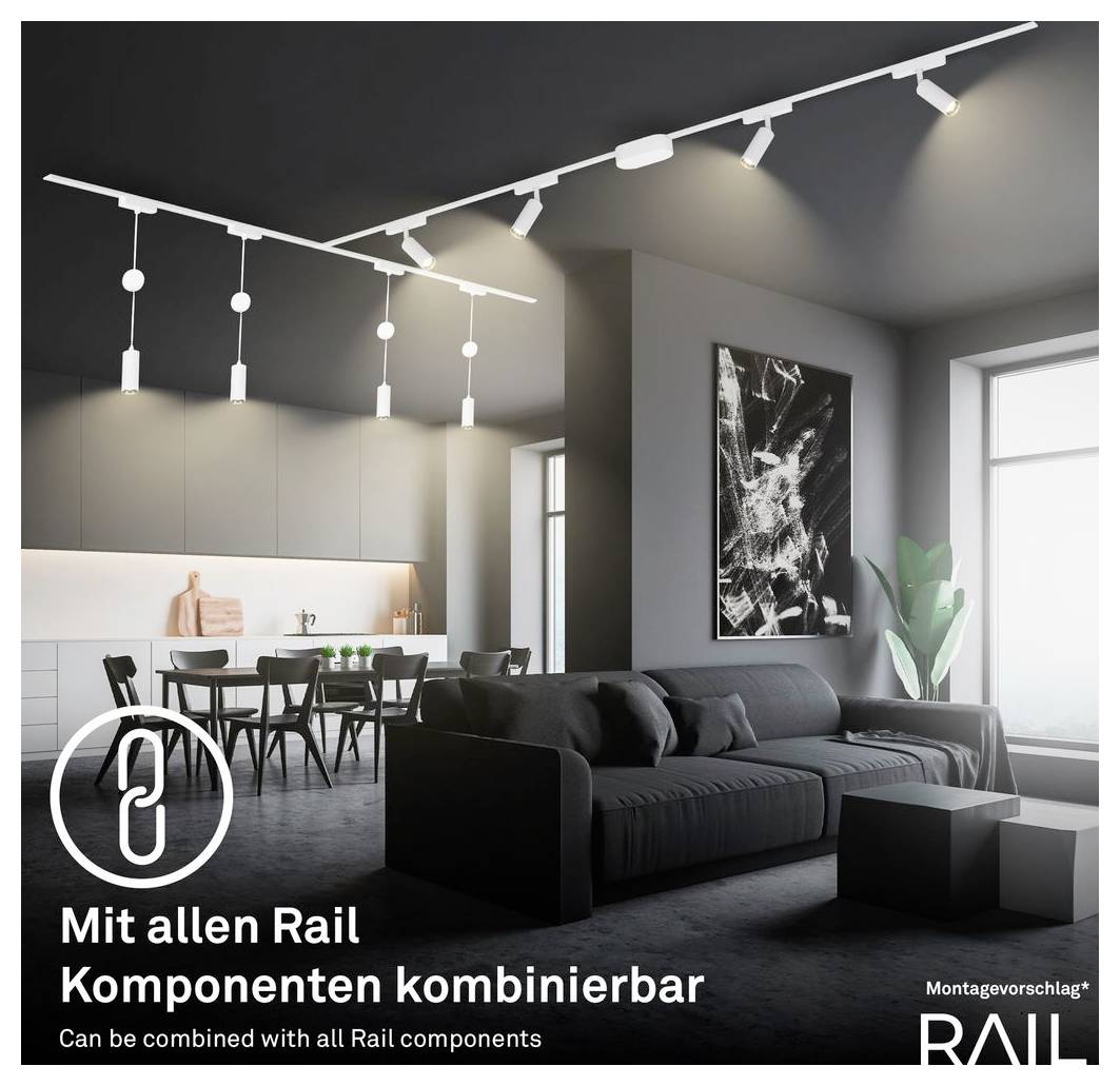 Modernes Wohnzimmer mit offener Grundrissgestaltung, schwarzes Ecksofa, Essbereich und Schienensystem-Beleuchtung; die Anzeige sagt „Mit allen Rail Komponenten kombinierbar