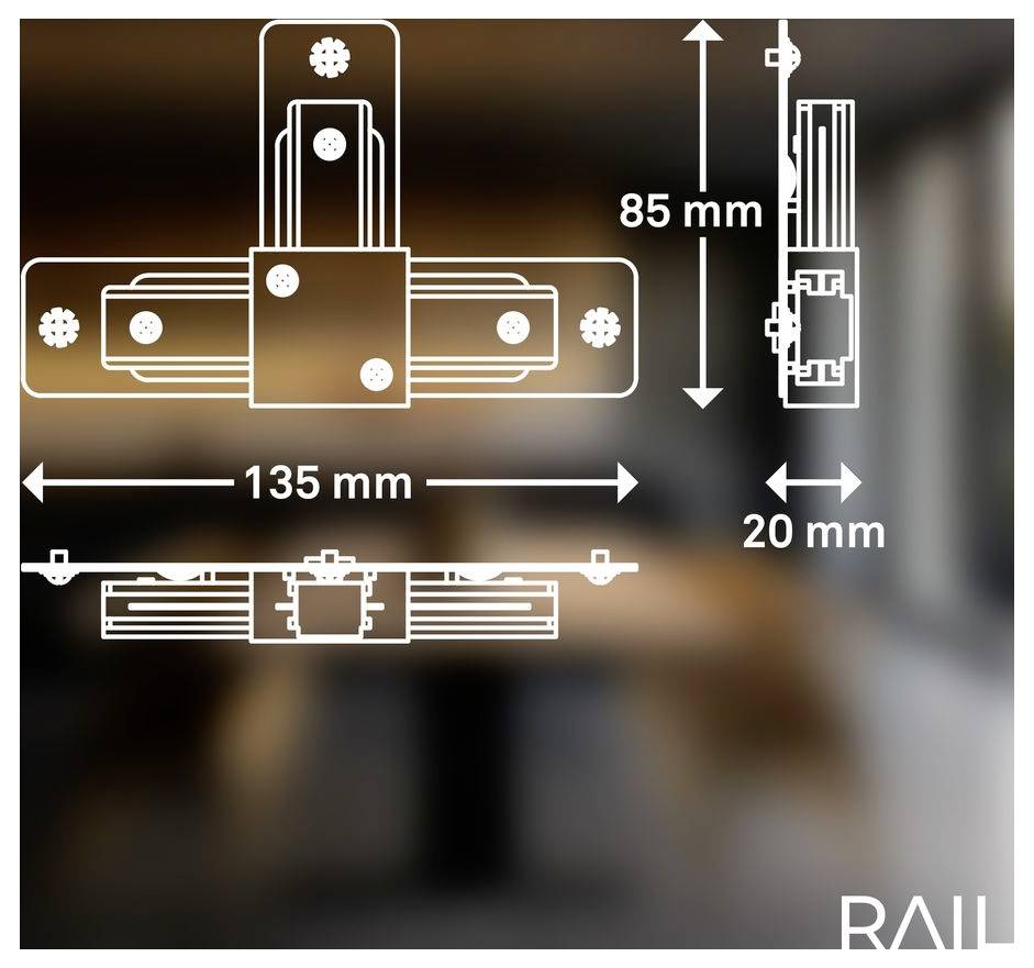 Technische Zeichnung einer Metallhalterung/eines Verbinders mit den Abmessungen 135 mm Breite, 85 mm Höhe und 20 mm Tiefe, mit Vorder-, Seiten- und Draufsicht.
