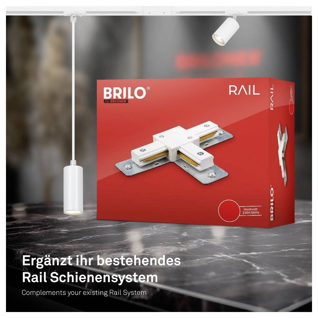 BRILO Rail Produktbox mit Schienenstecker, dargestellt als Ergänzung für ein bestehendes Schienenlichtensystem; Text lautet „Ergänzt ihr bestehendes Rail Schienensystem