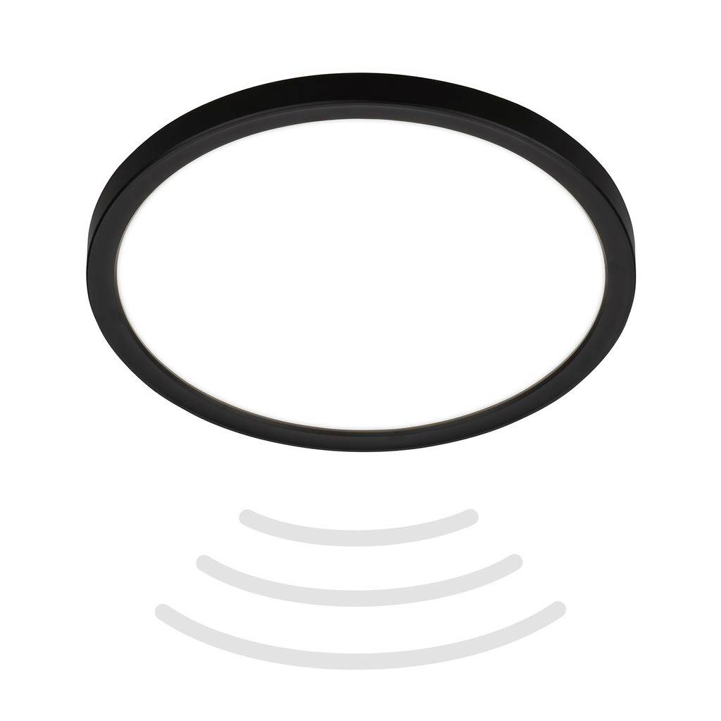 Schwarze ovale Deckenleuchte mit drei geschwungenen grauen Bewegungslinien darunter, die ein kabellose oder schwebende Produktsymbol suggerieren.