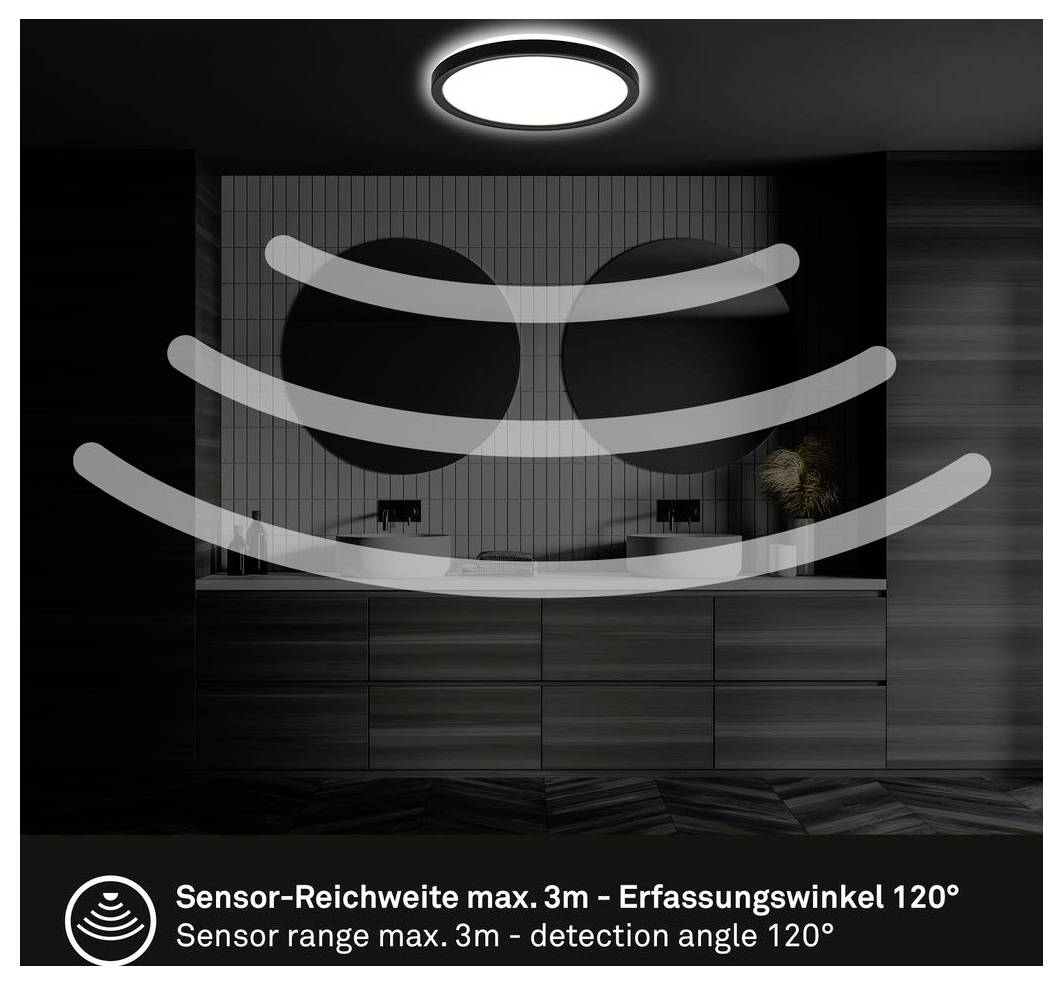 Diagramm, das die Erfassungsreichweite eines Sensors zeigt: max. 3 m und 120° Winkel, dargestellt über einer wandmontierten Einheit in einem Raum.
