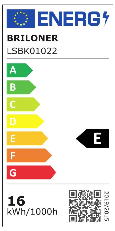 Energieetikett für BRILONER LED-Glühbirne, Modell LSBK01022, mit Effizienzklasse E und geschätztem Verbrauch 16 kWh/1000h.