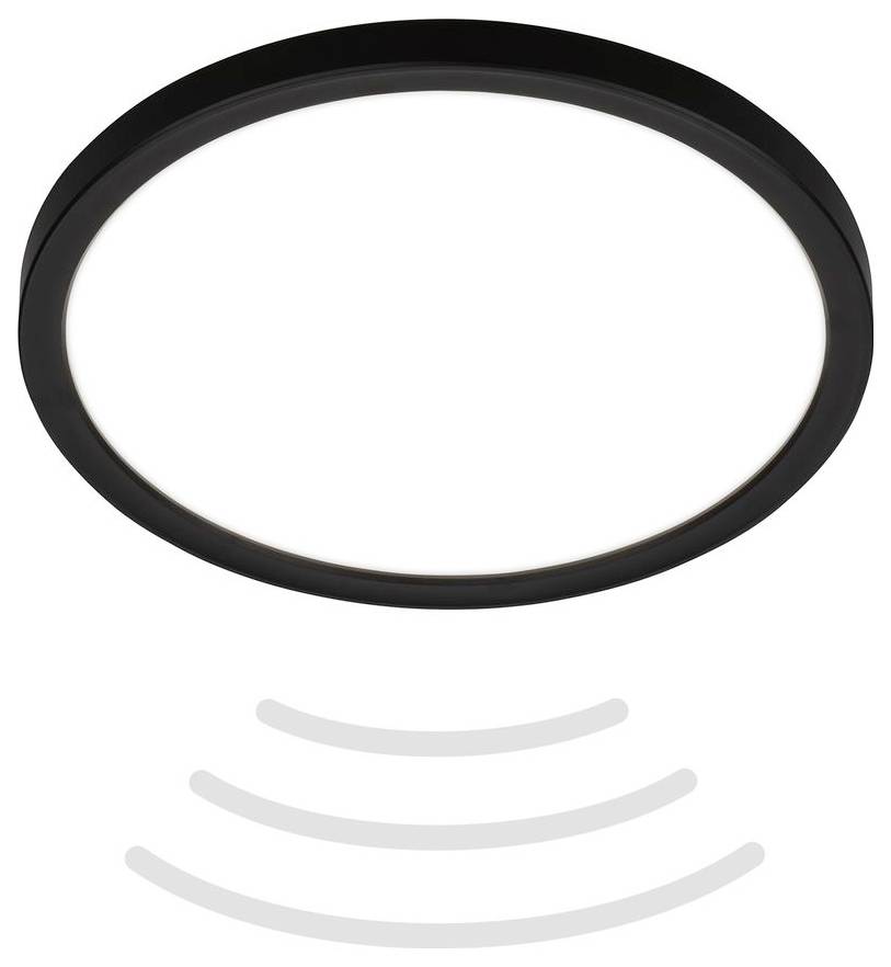 Schwarzer kreisförmiger Ring über drei verblassenden gekrümmten Signallinien auf weißem Hintergrund, was auf kabellose oder Audioübertragung hindeutet.