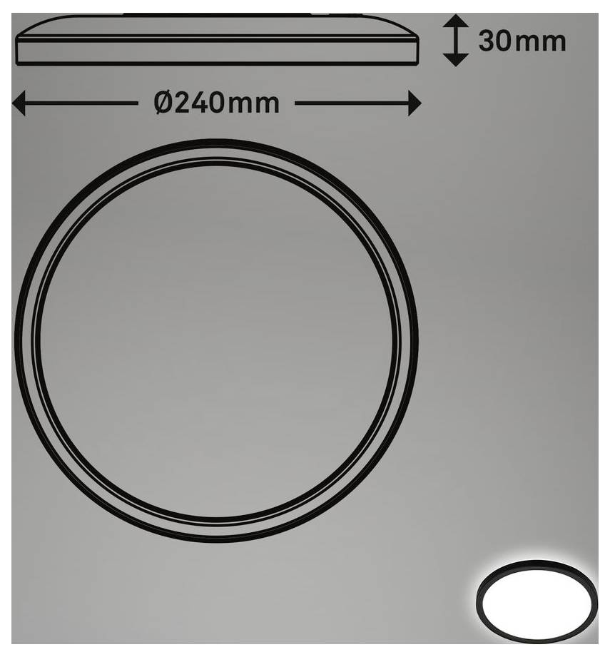 Diagramm eines runden Objekts mit 240 mm Durchmesser und 30 mm Höhe, dargestellt in Draufsicht und Seitenansicht auf grauem Hintergrund.