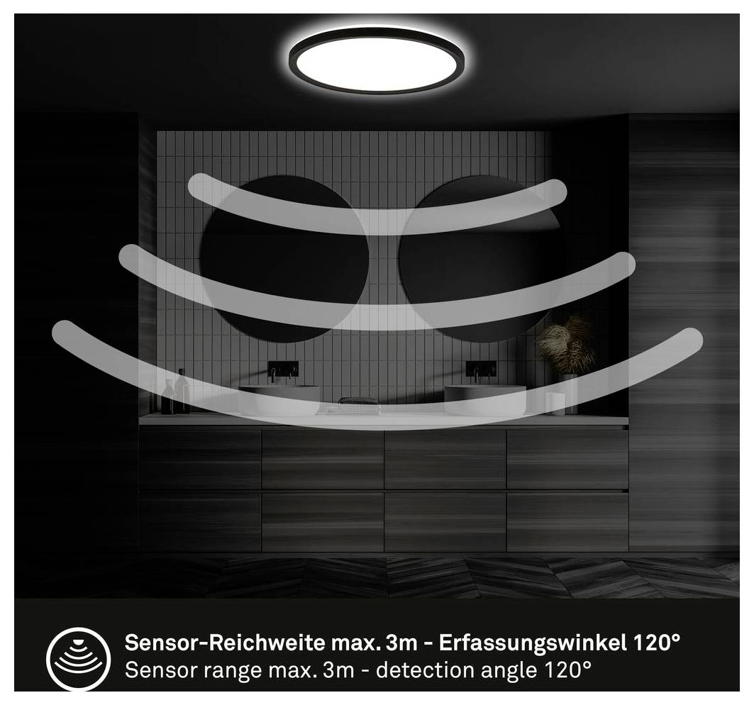 Badezimmer-Waschtischillustration mit Darstellung der Reichweite eines Sensorlichts und Text: „Sensorreichweite max. 3m - Erfassungswinkel 120°